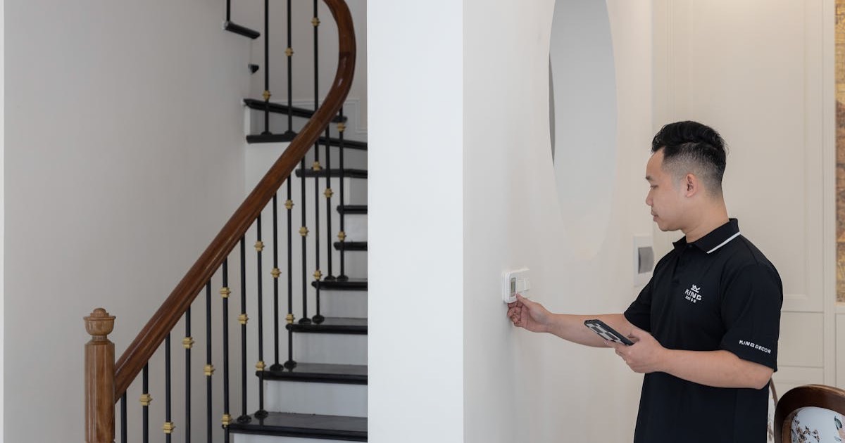 Man adjusting thermostat in stylish home with elegant staircase.